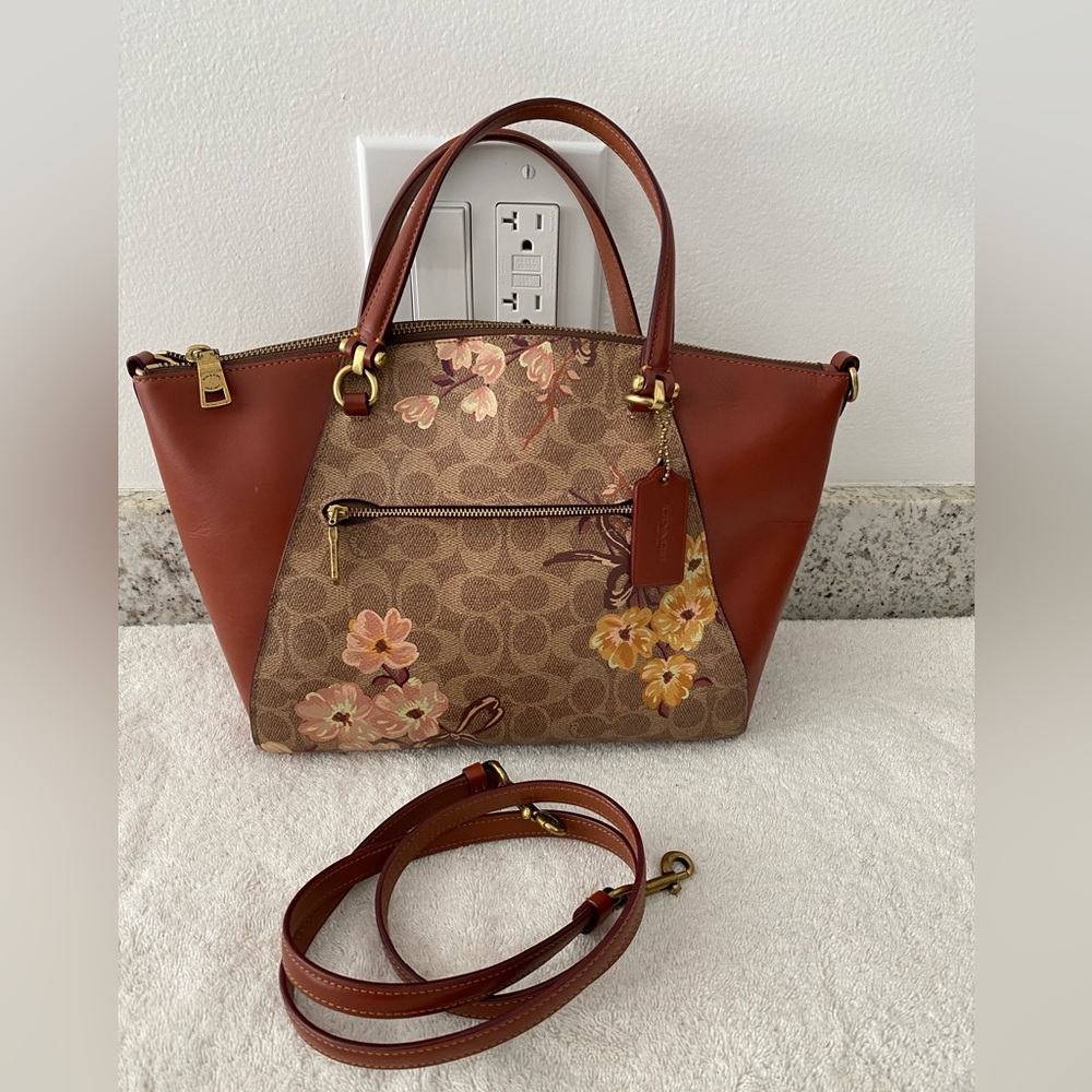 COACH Floral Brown and Tan Women's Satchel with shoulder strap. 13x8x3